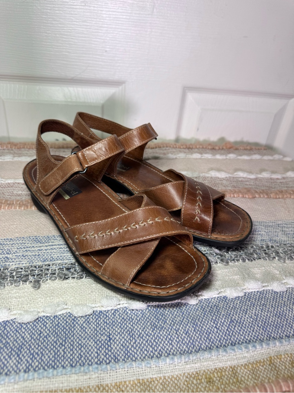 Josef Seibel Tan Leather Slip-On Sandals with Stitched Trim